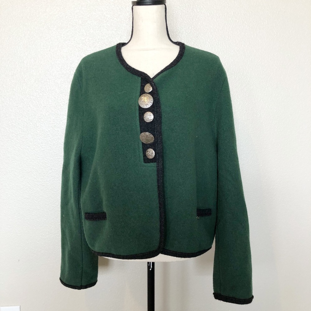 Boos Austrian Jacket Womens Large Green Pure Wool Trachten Silver Crest Buttons